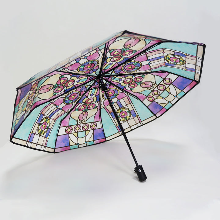 Women Folding Umbrella with Artistic Glass Window Design Bowlift