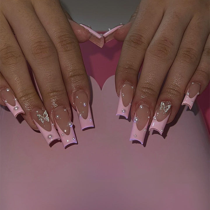 Acrylic nail set with stylish 3D pearl and glitter decorations Bowlift