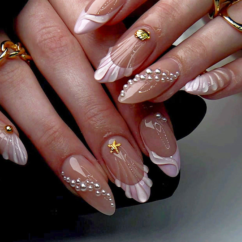 Artistic Press-On Nail Set with Coastal Design Bowlift