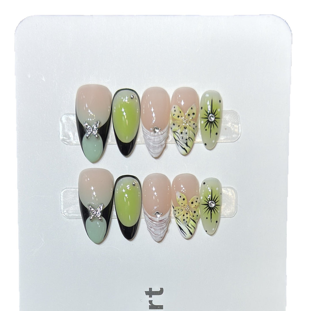 Artistic Press-On Nail Set with Butterfly and Floral Designs Bowlift
