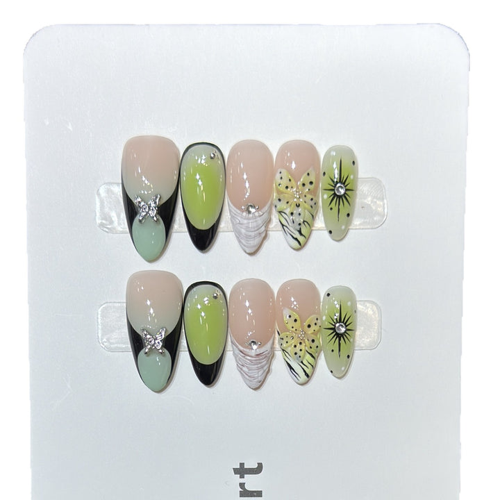 Artistic Press-On Nail Set with Butterfly and Floral Designs Bowlift
