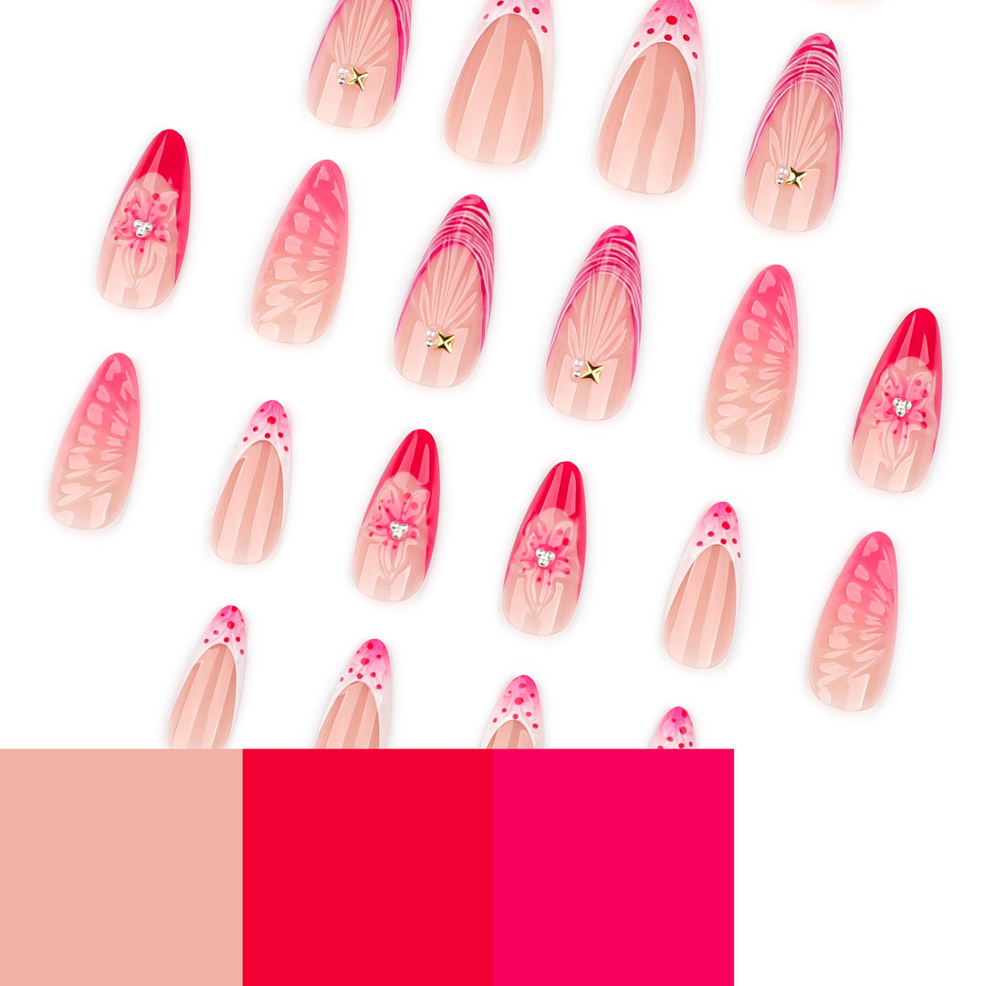 Artful stiletto nails with floral design and glitter accents Bowlift