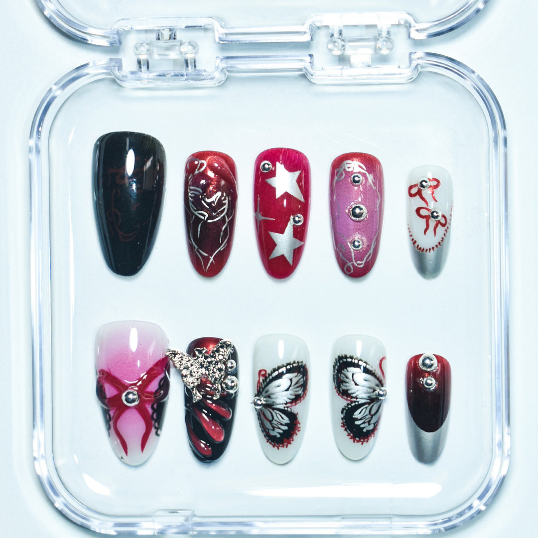 Artistic Press-On Nail Set with Butterfly and Star Details Bowlift