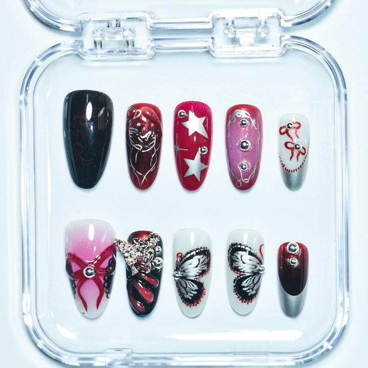 Artistic Press-On Nail Set with Butterfly and Star Details Bowlift