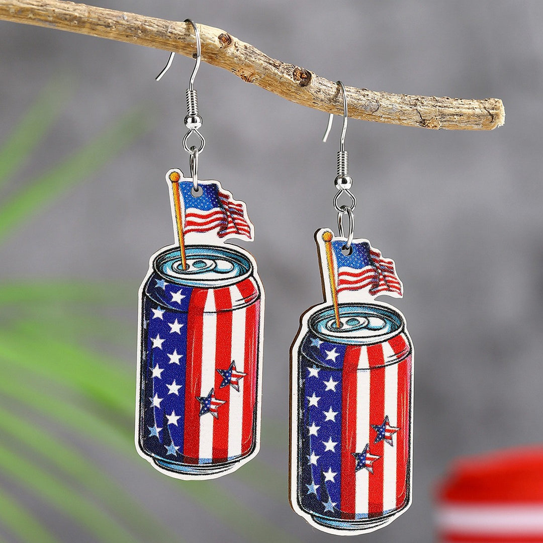 Ladies' lightweight wooden earrings in airplane jet design with patriotic motif and hypoallergenic fish hook Bowlift