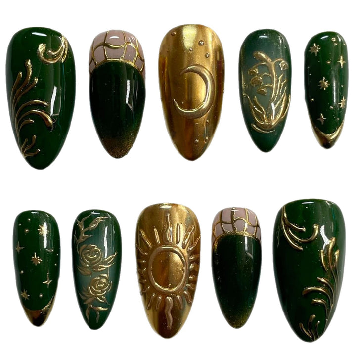 Artistic Press-On Nail Art Set with Celestial and Floral Designs Bowlift