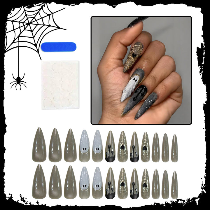Halloween Art Nail Set with Elegant Ghost and Spider Motifs Bowlift