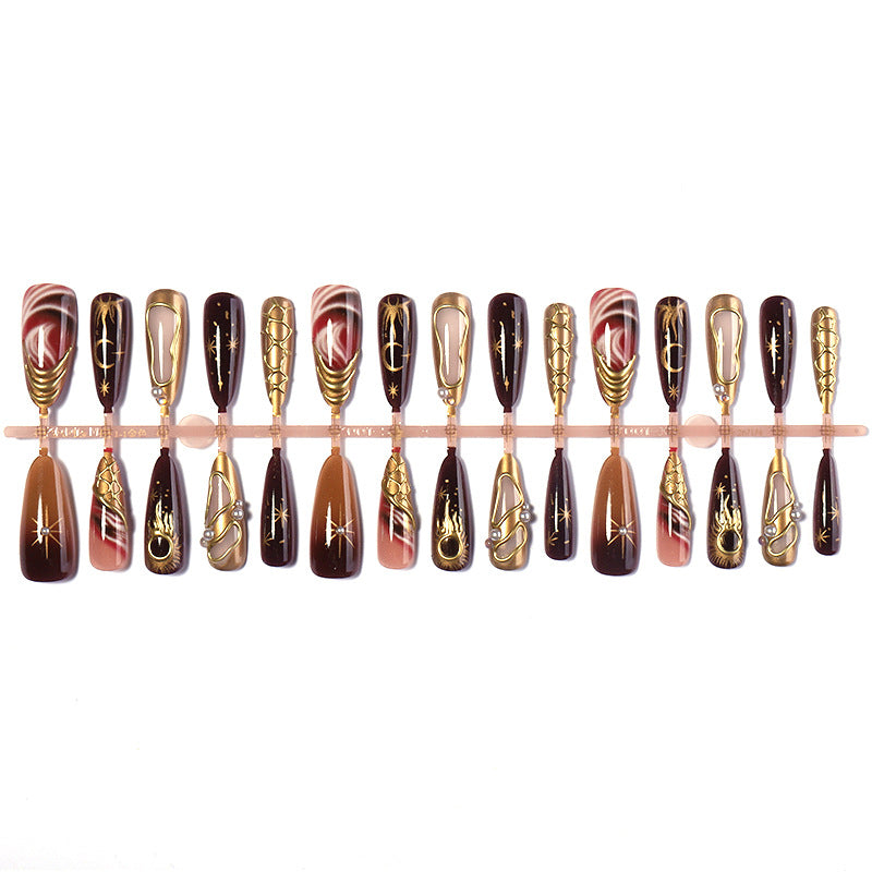 Decorative Press-On Nail Art Set with Glamorous Gold Accents Bowlift