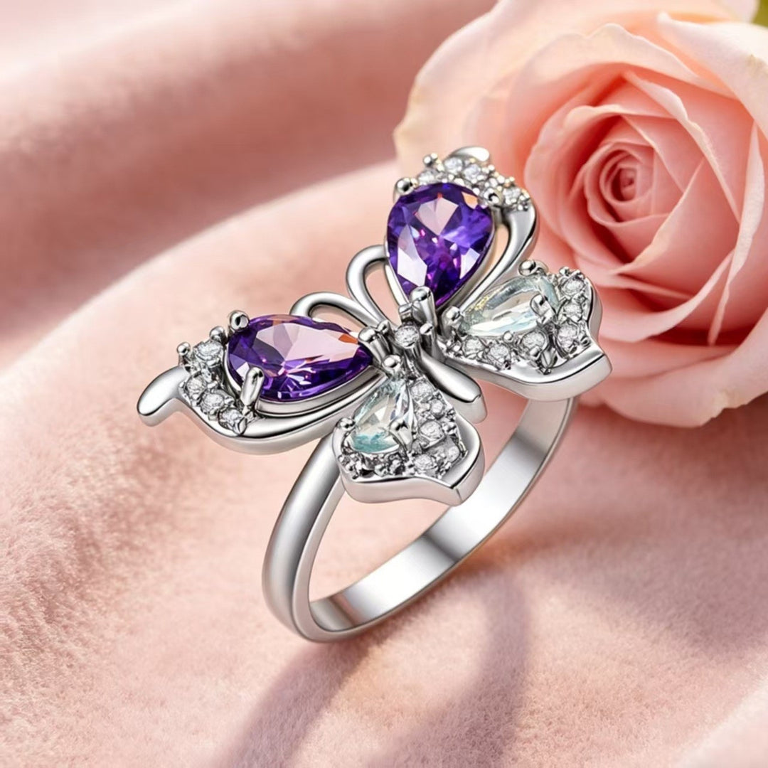 Butterfly Statement Ring With Pear And Marquise Cut Cubic Zirconia And Rhodium Plated Band
