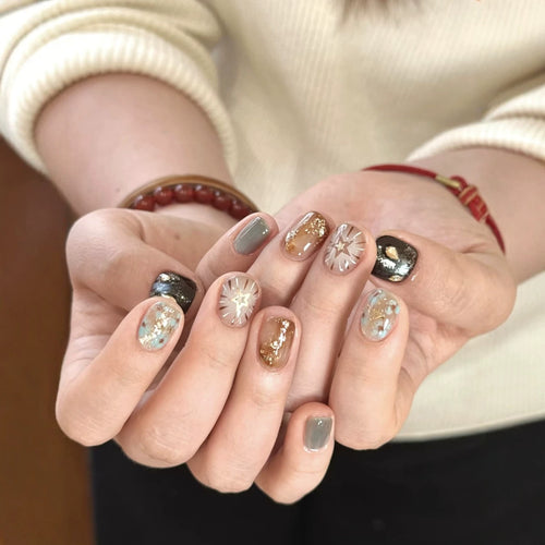 Artistic Press-On Nail Set with 3D Floral Accents
