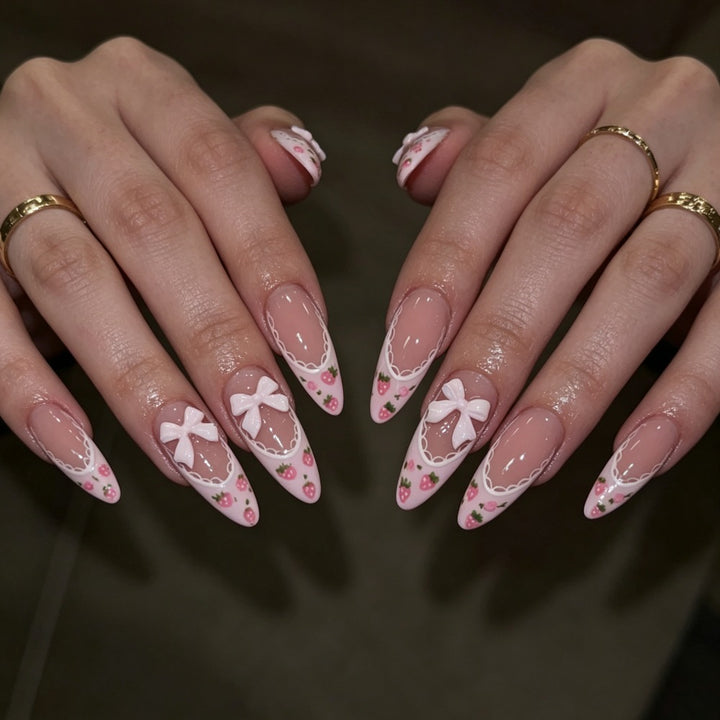 Elegant Stiletto Press-On Nails with Floral and Bow Accents Bowlift