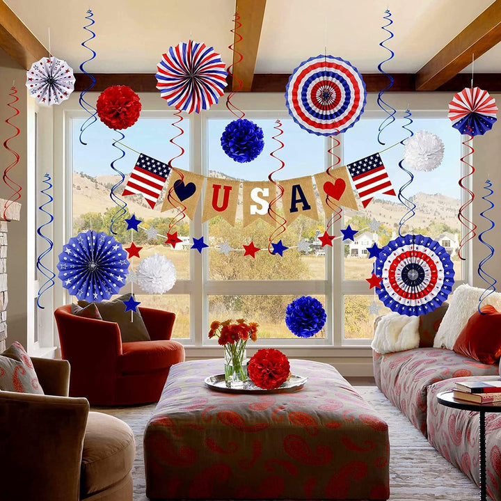 Unisex multi-piece party decoration set with paper fans pom poms bunting garland Bowlift