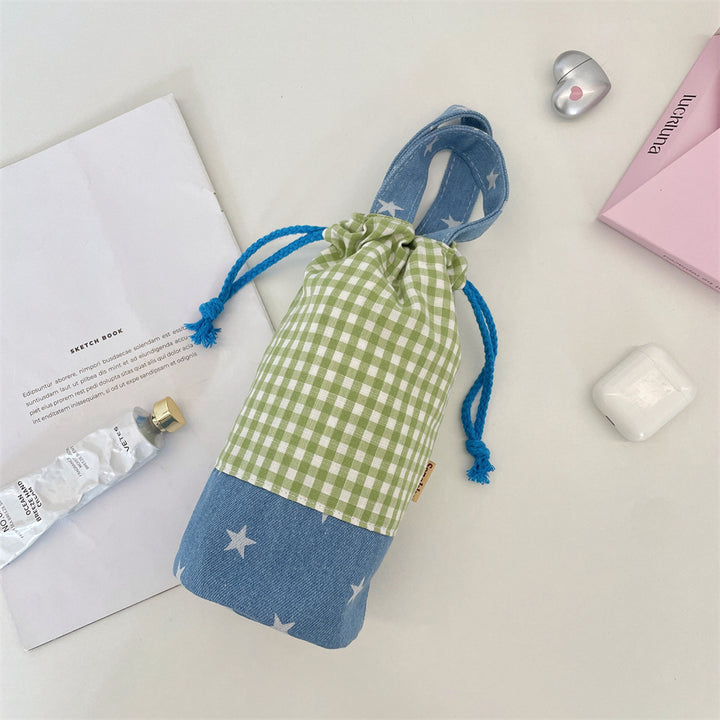Drawstring Bottle Pouch with Denim Base and Carry Handle Bowlift