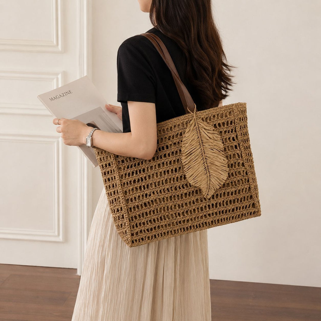 Macramé Beach Bag with Leather Accents Bowlift