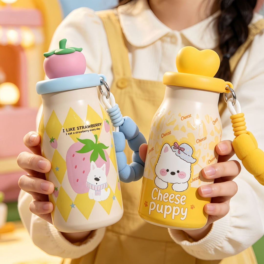Insulated drinking bottle with sweet dog design and practical carrying strap Bowlift