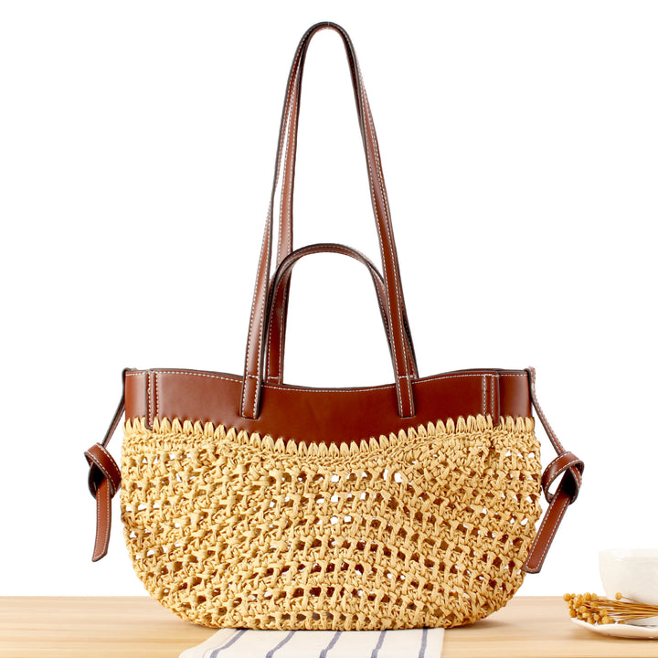 Handbag Made of Braided Natural Material with High-Quality Leather Detail Bowlift
