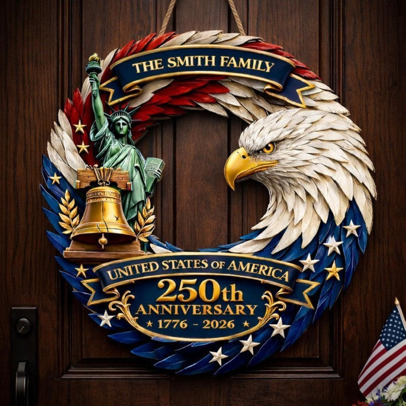 Independence Day patriotic front door wreath with Eagle Statue of Liberty and Liberty Bell accents Bowlift