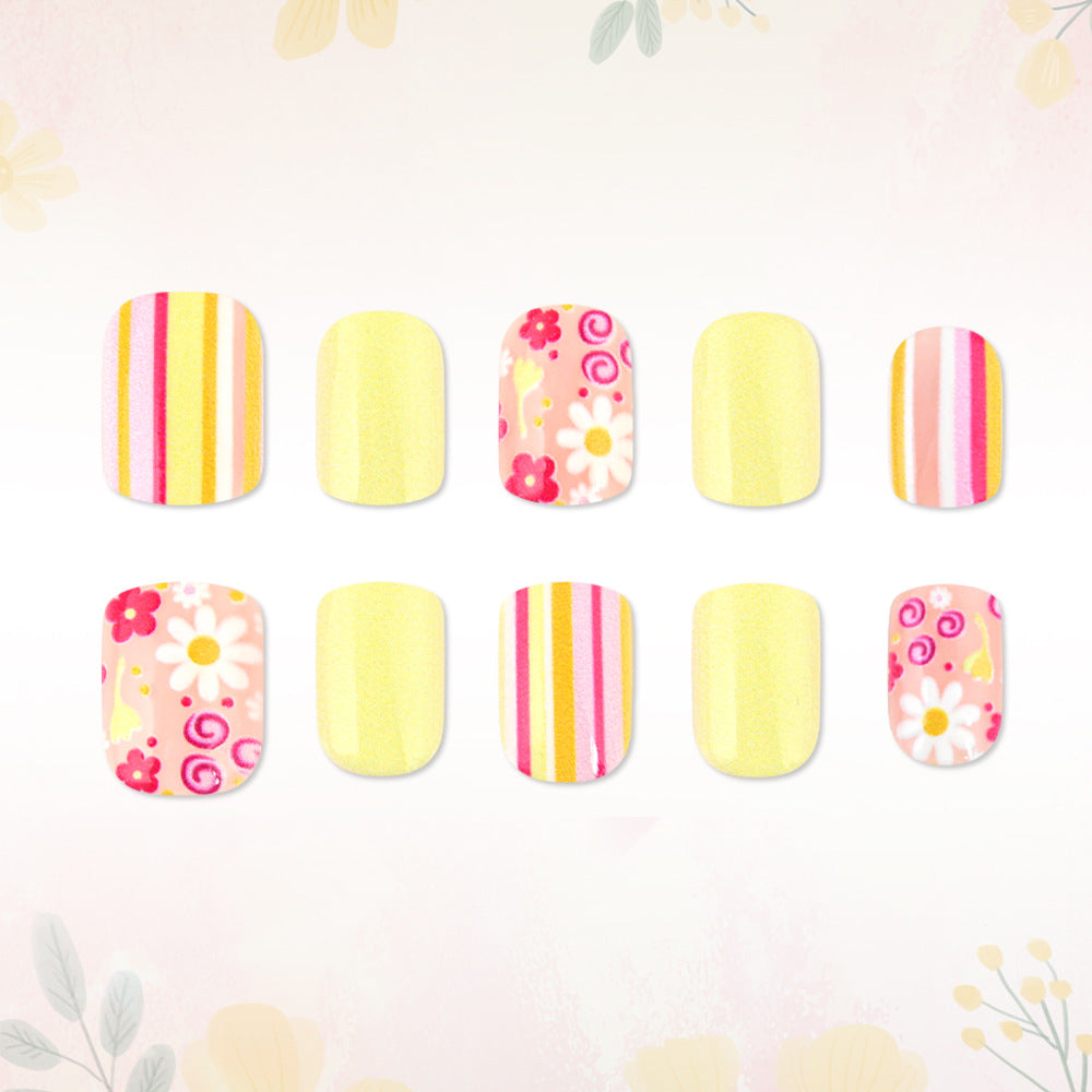 Artistic Floral and Striped Press-On Nail Art Bowlift