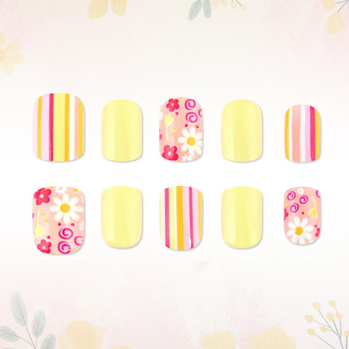 Artistic Floral and Striped Press-On Nail Art Bowlift