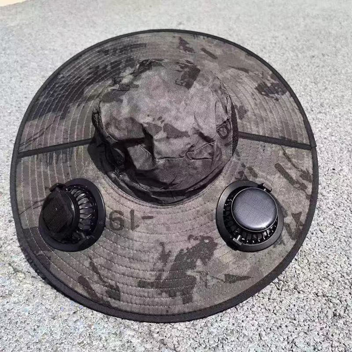 Ventilated outdoor fishing hat with two rechargeable fans, waterproof material and adjustable chin strap Bowlift