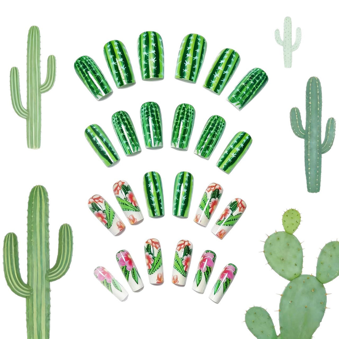 Artificial nails with blooming cactus design Bowlift