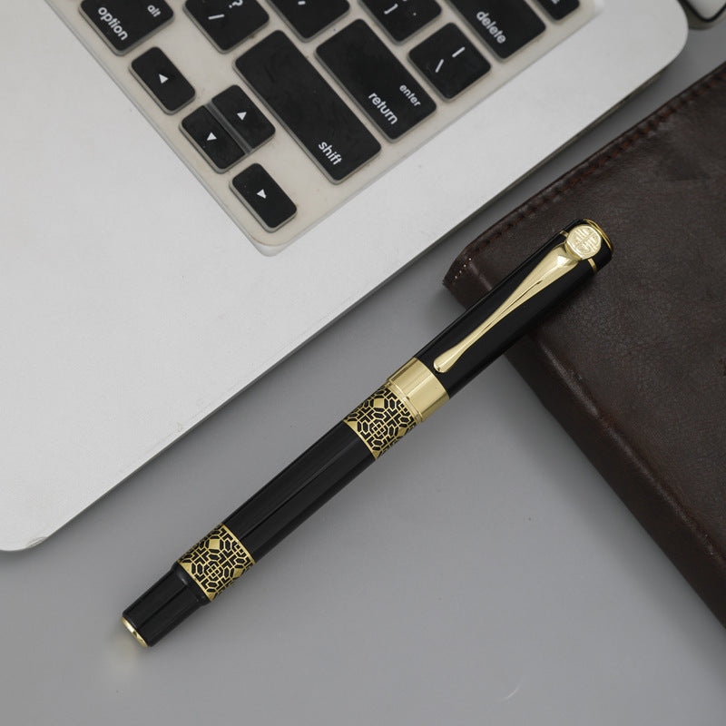 Luxury fountain pen with engraved gold filigree barrel and polished metal clip Bowlift