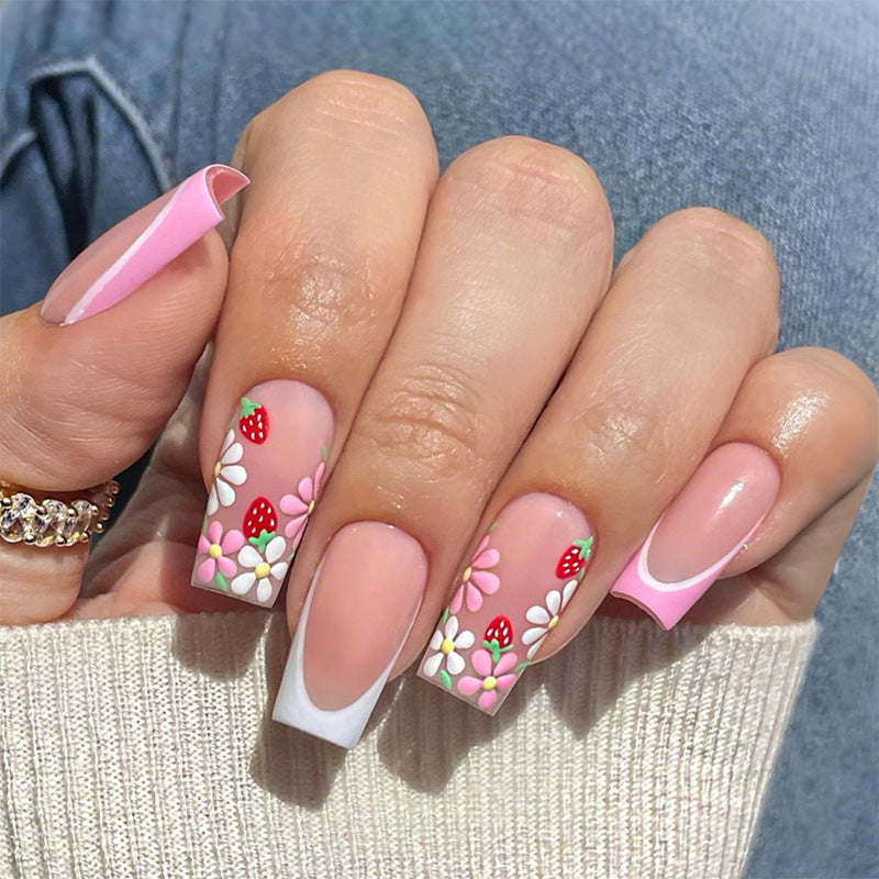 Artificial nail set with colorful flowers and creative French design Bowlift
