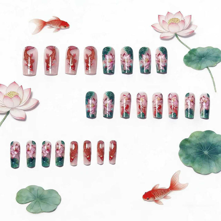 Artificial nails with floral lotus elements and koi pattern Bowlift