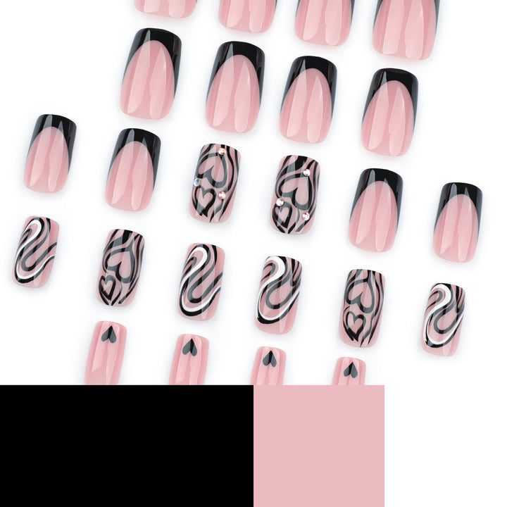 Artful Nail Extensions with Creative Heart and Wave Pattern Bowlift