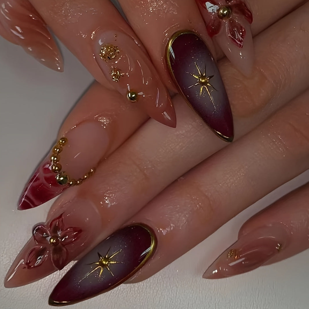 Artistic Stiletto Press-On Nails with Floral and Star Designs Bowlift
