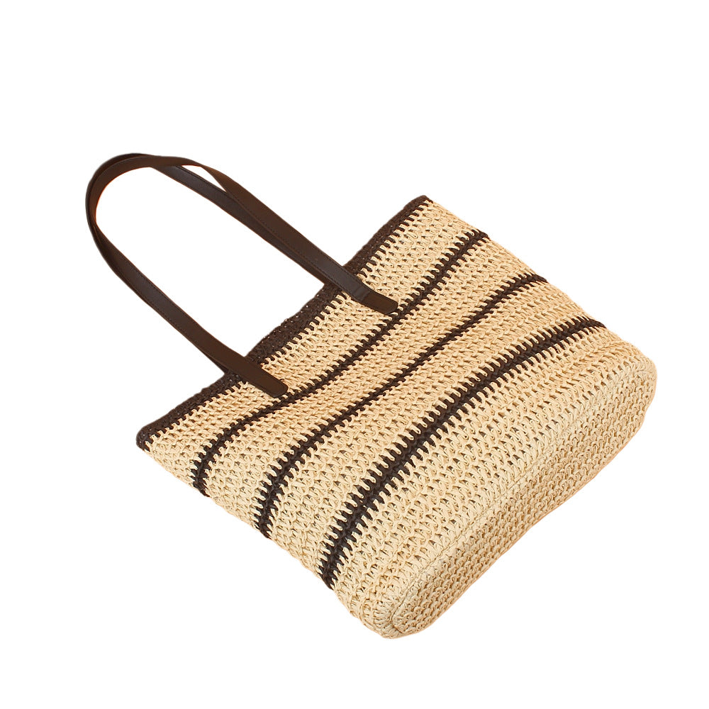 Trendy Beach Bag Made of Woven Straw with Elegant Leather Handles Bowlift