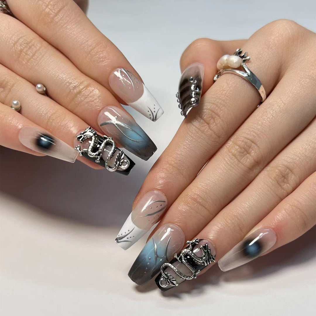 Artistic acrylic nails in elegant ombre design with elaborate details Bowlift