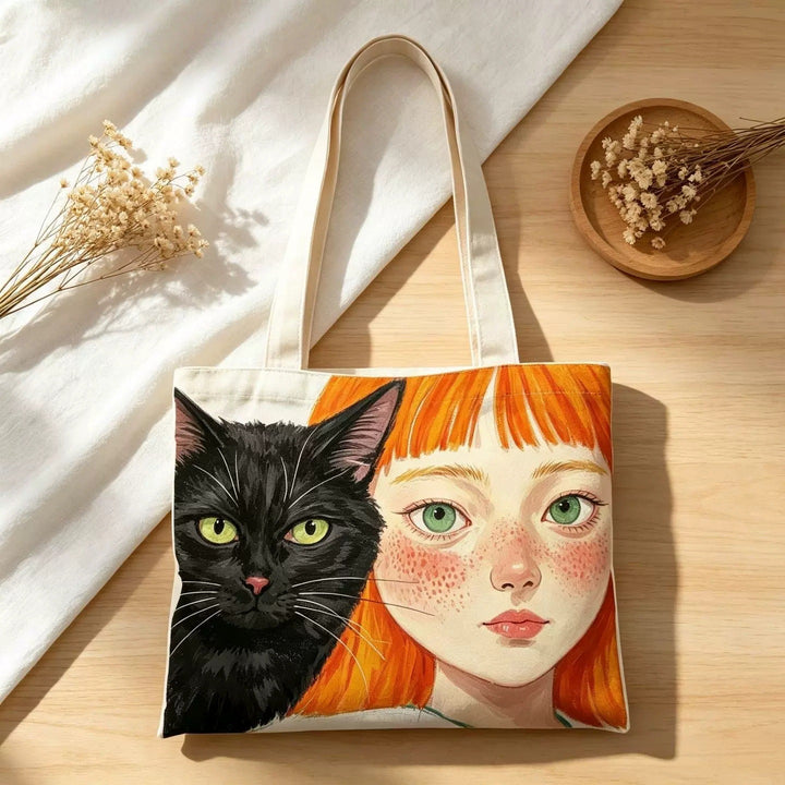 Illustrated Cat and Boy Canvas Tote Bag