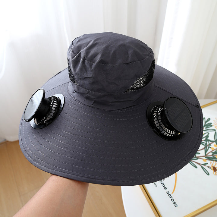 Wide sun hat with integrated solar fans breathable mesh adjustable chin strap Bowlift