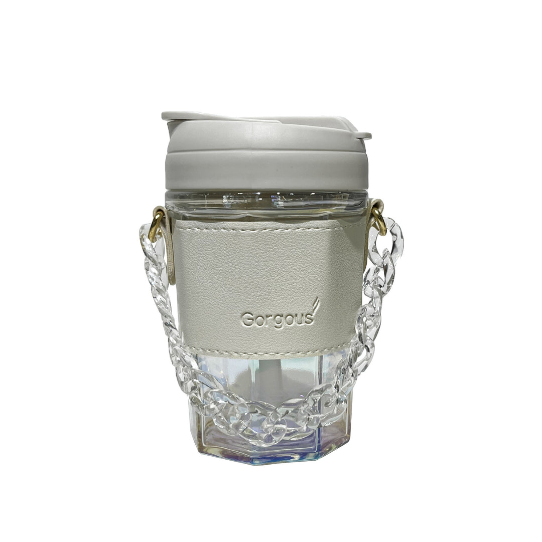Women drinking cup with elegant leather handle and practical carrying chain Bowlift