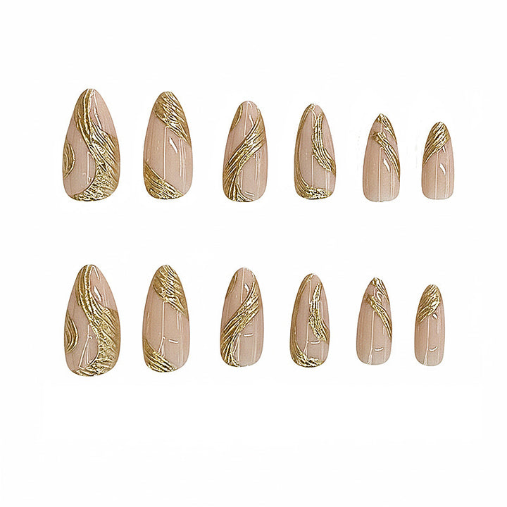 Artistic Press-On Nail Set with Gold Swirl Design Bowlift