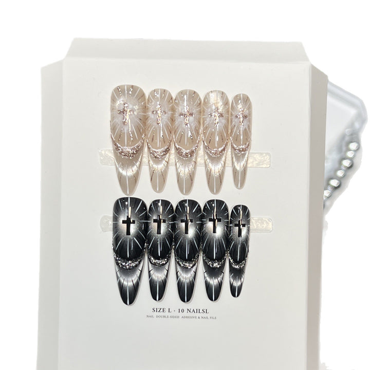 Chic Press-On Nail Set with Elegant Rhinestone Design Bowlift