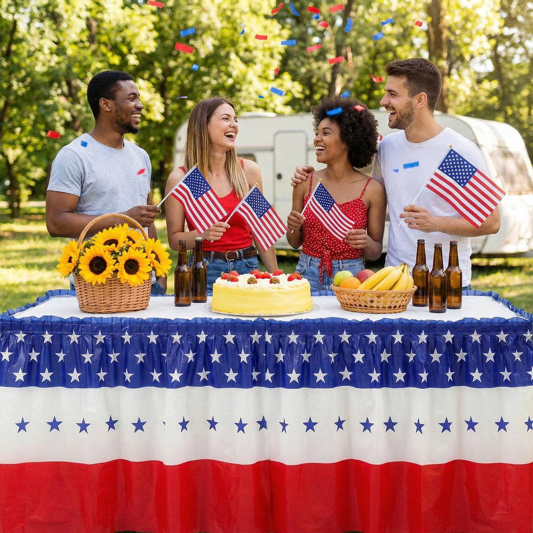 Unisex decorative tablecloth skirt with elastic waistband and star border for party tent and buffet tables Bowlift