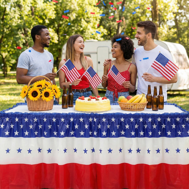 Unisex decorative tablecloth skirt with elastic waistband and star border for party tent and buffet tables Bowlift