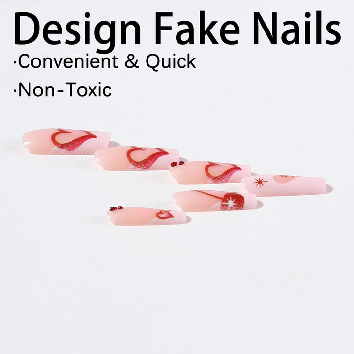 Artificial nail set with romantic heart designs and sparkling rhinestone decorations Bowlift