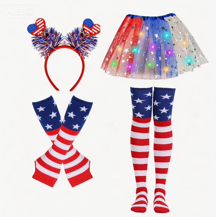 Women's nan patriotic tulle layered mini skirt headband arm sleeves and thigh high socks set Bowlift