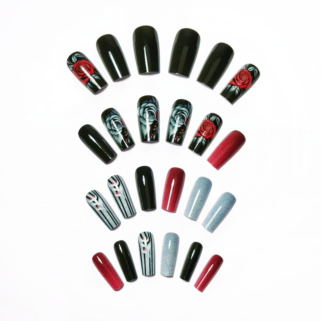 Elegant Artificial Nails with Noble Rose Design Bowlift