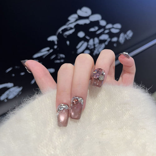 Decorative Press-On Nail Design with Gemstone Accents Bowlift