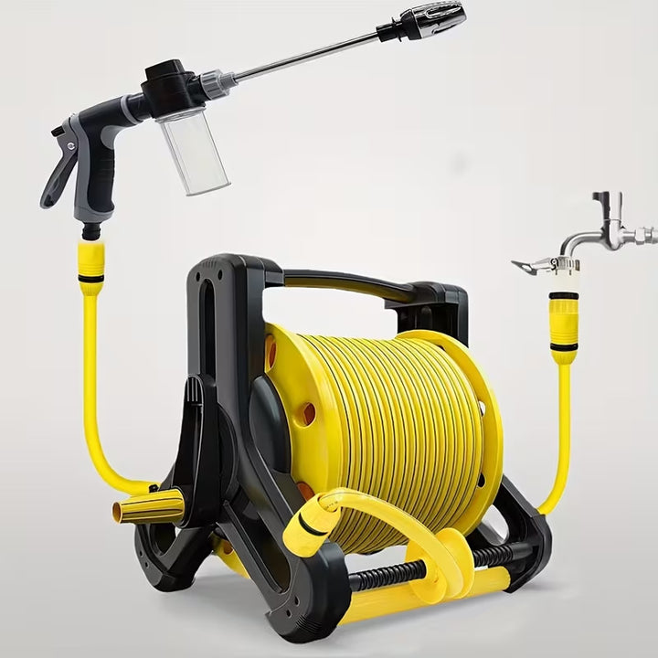 heavy-duty retractable garden hose reel system with pistol spray gun and faucet connector Bowlift