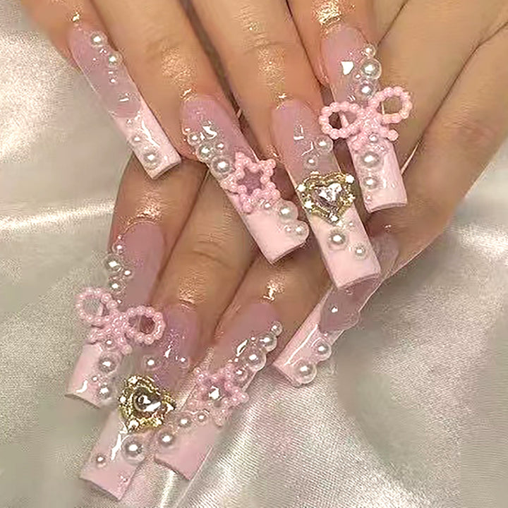 Decorative Crystal and Pearl Stiletto Press-On Nails Bowlift