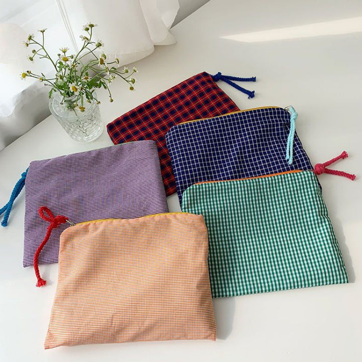 Checked Cotton Zip Pouch with Tassel Accent Bowlift