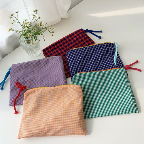 Checked Cotton Zip Pouch with Tassel Accent Bowlift