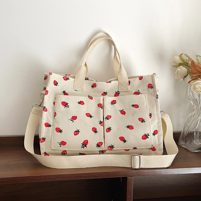 WoStylish Multi-Pocket Strawberry Print Canvas Tote Bag Bowlift