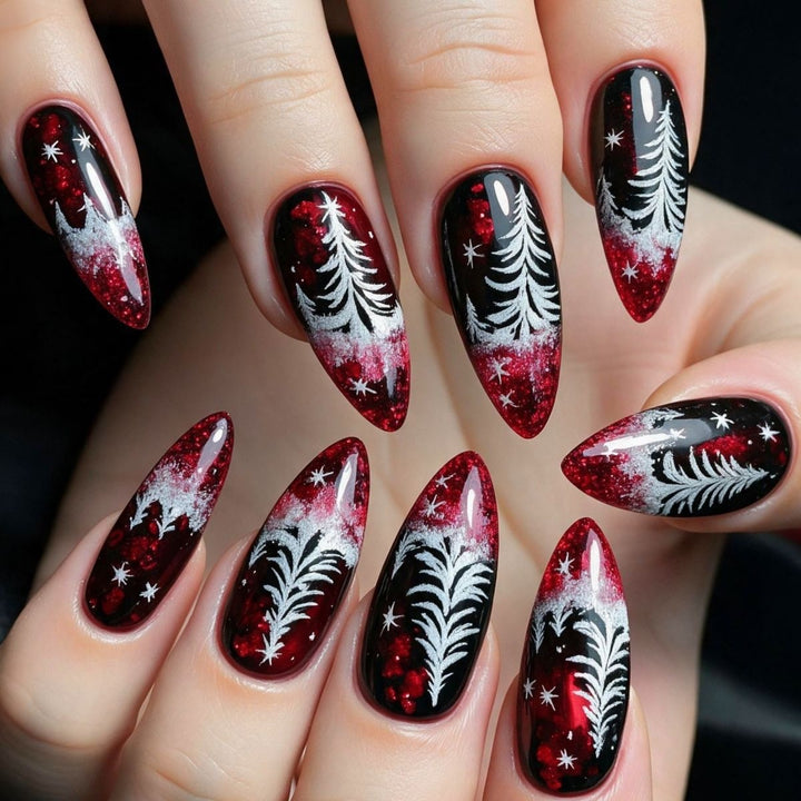 Artificial nails in festive Christmas design with elegant glitter Bowlift