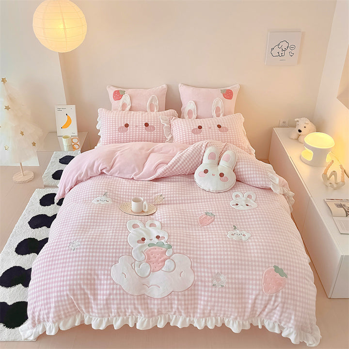 Cute Gingham Bunny Appliqué Ruffled Duvet Cover Bedding Set